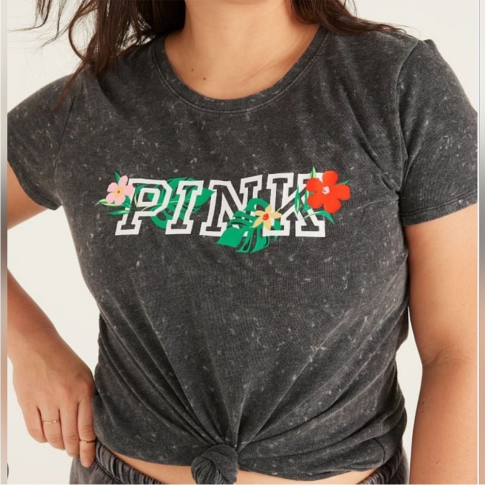Victoria's Secret PINK GREY DISTRESSED FLORAL Tee Medium